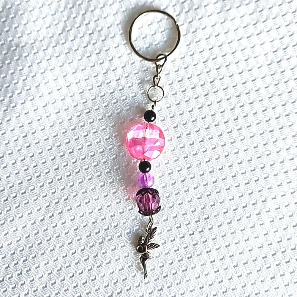 Hand Crafted Sparkling Fairy Charm with Pink and Purple Beads Keychain